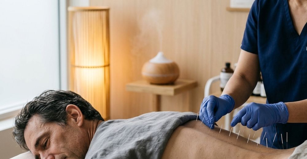 Terapeuta aplicando agujas de acupuntura en la espalda de un paciente recostado